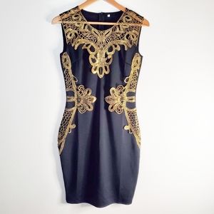 Gold and Black Applique Sheath Dress